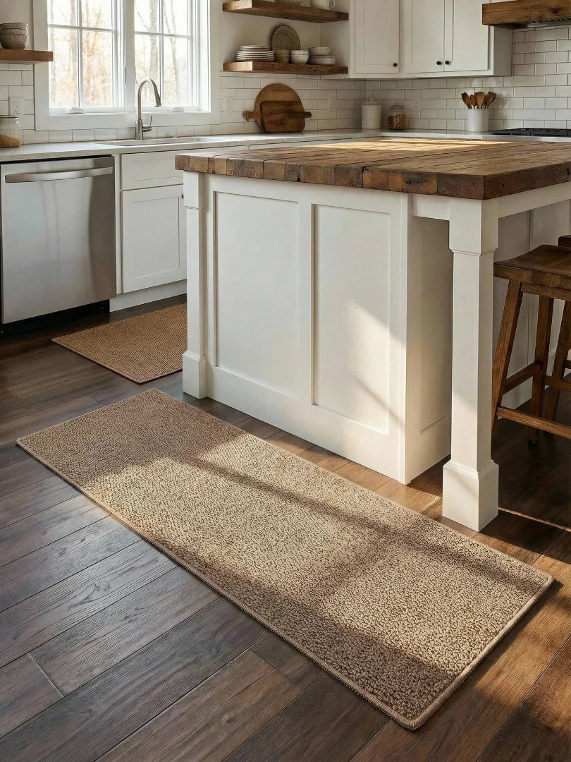 A rustic kitchen scene featuring a large wooden island and a natural fiber runner mat on a dark wood floor.