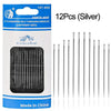 A package of 12 silver self-threading sewing needles for various fabrics.