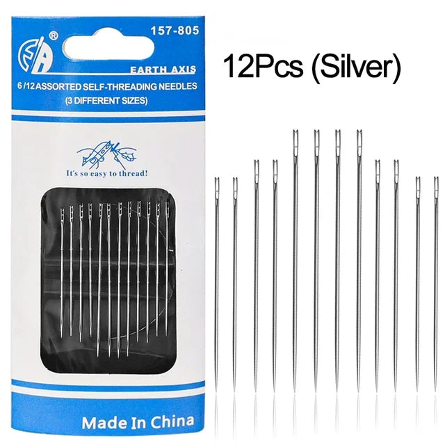 A package of 12 silver self-threading sewing needles for various fabrics.