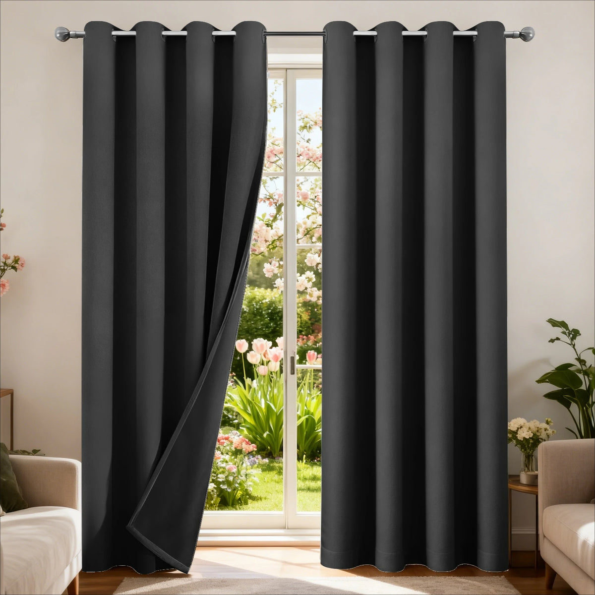 A pair of black blackout thermal curtains hanging in a doorway, with a view of a garden outside.