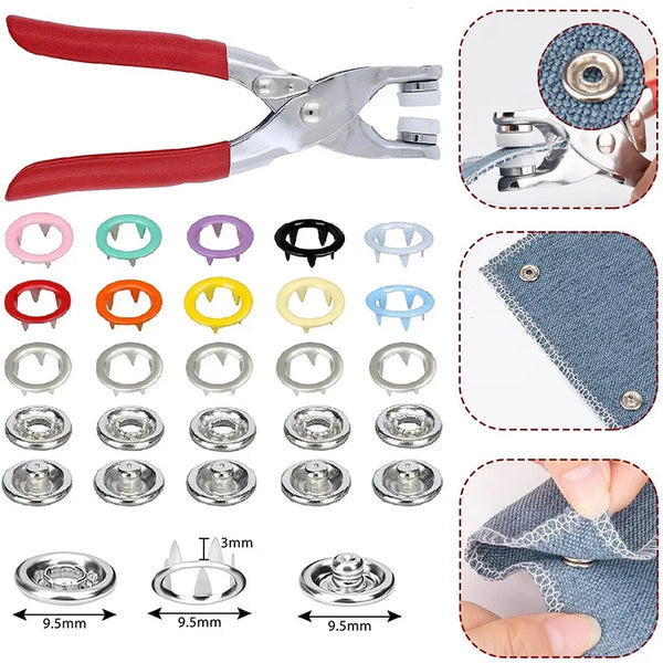 A set of metal snaps and fastener pliers for DIY crafting, showing various sizes and types of metal fasteners.