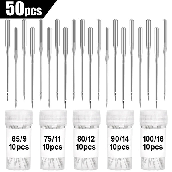 A set of 50 universal sewing machine needles packaged in various sizes and quantities.