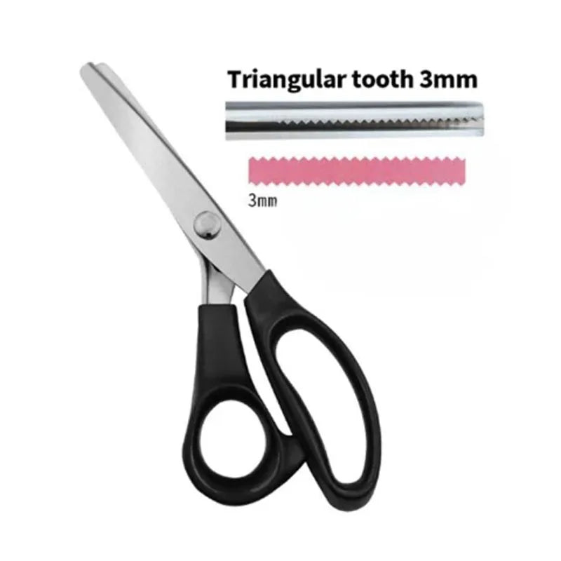Stainless steel triangular tooth sewing scissors with 3mm opening shown against a white background.