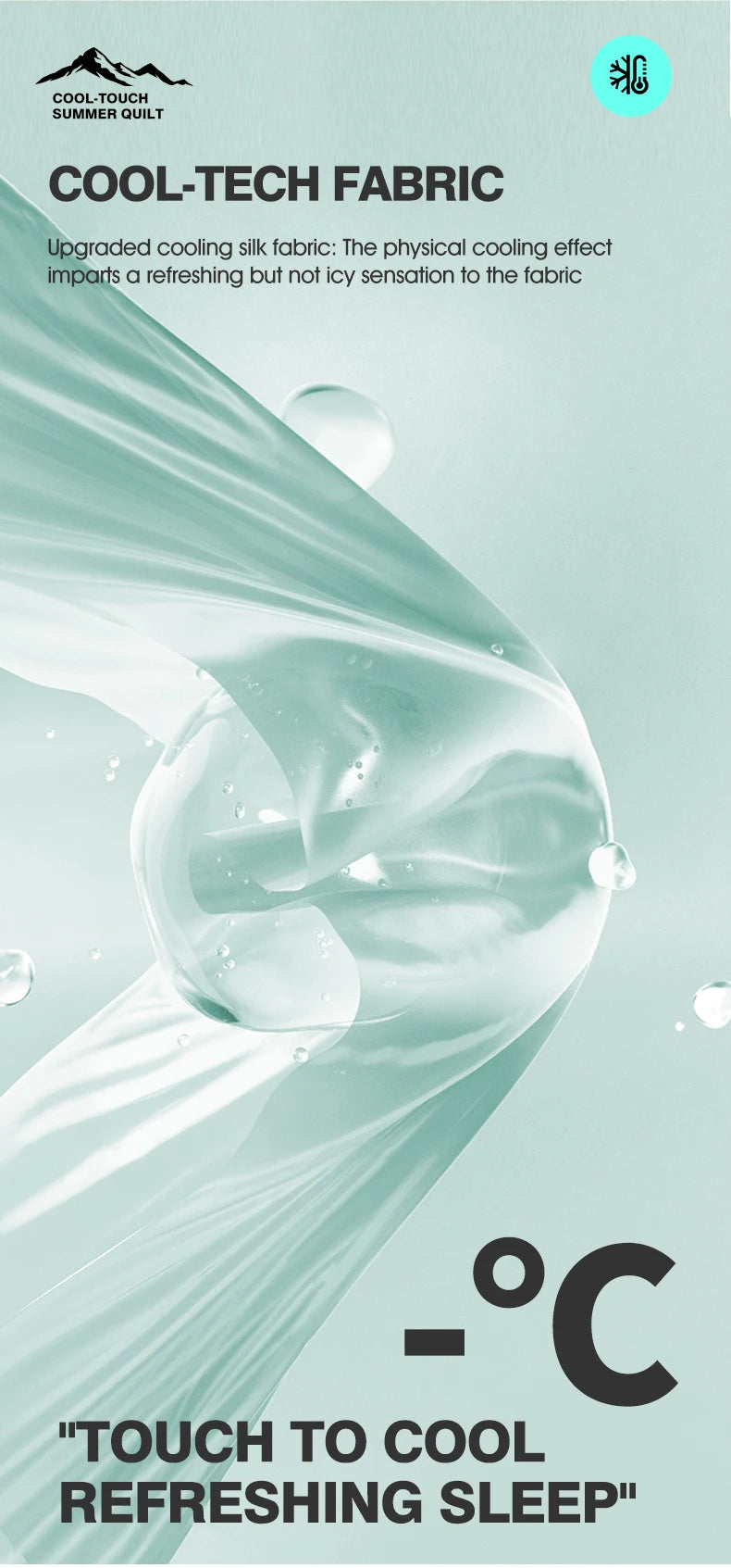 Close-up of a fabric texture showing water droplets and a smooth, cool green surface used for a Cool-Tech fabric product.