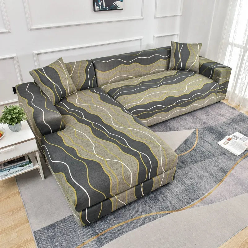 L-shaped sofa protector covers in gray and olive green striped fabric on a light rug.