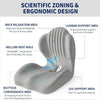 Gray ergonomic memory foam lumbar support cushion showing various design features like ventilation and support areas