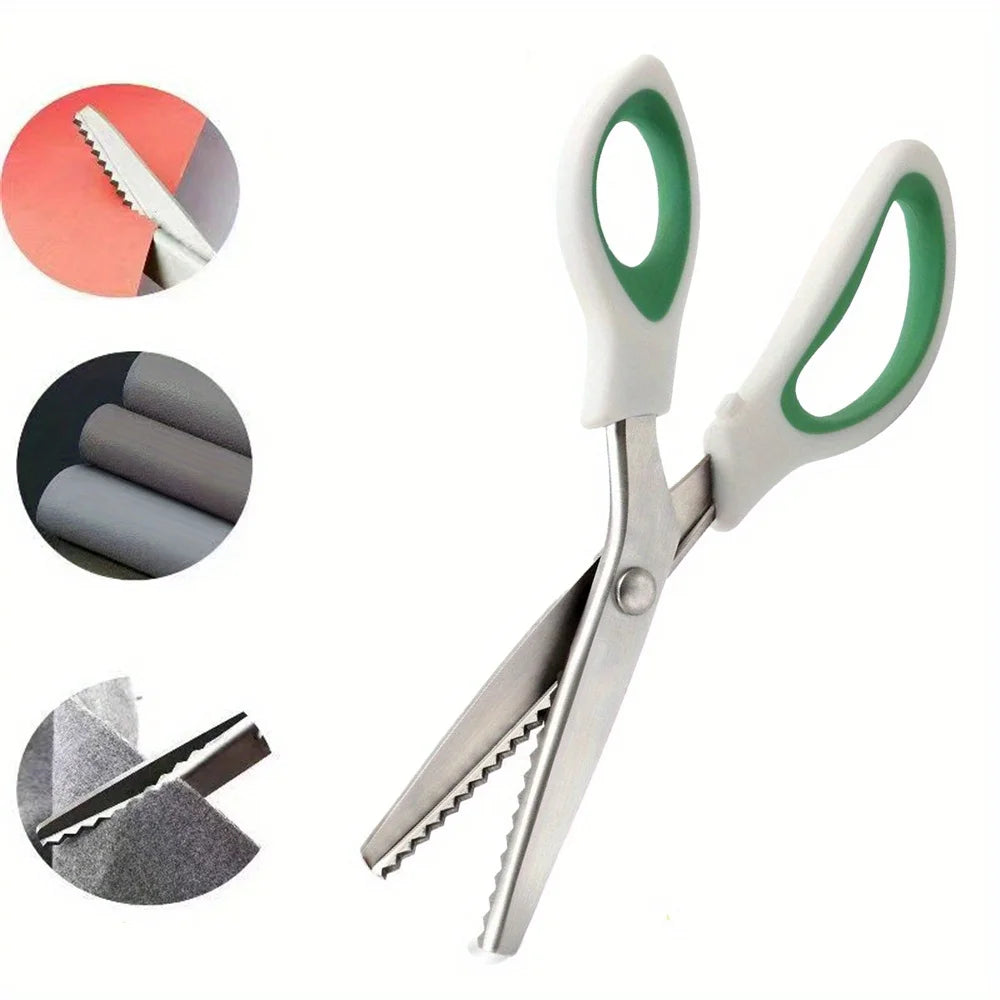 A pair of silver pinking shears with green ergonomic grips shown alongside disassembled parts.