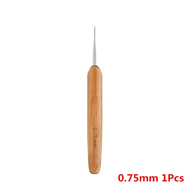 A single wooden precision crochet hook with a fine metal tip, measuring 0.75mm.
