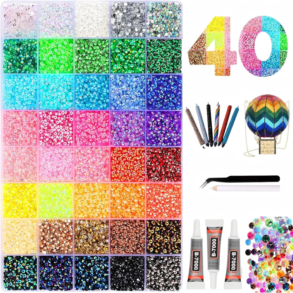 A grid of colorful glitter and rhinestones in various shades and textures for DIY crafting projects