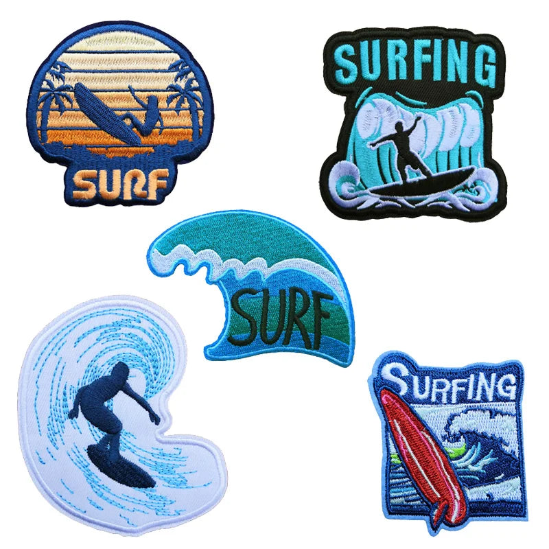 A collection of embroidered patches featuring surfing and wave designs in various styles and colors.