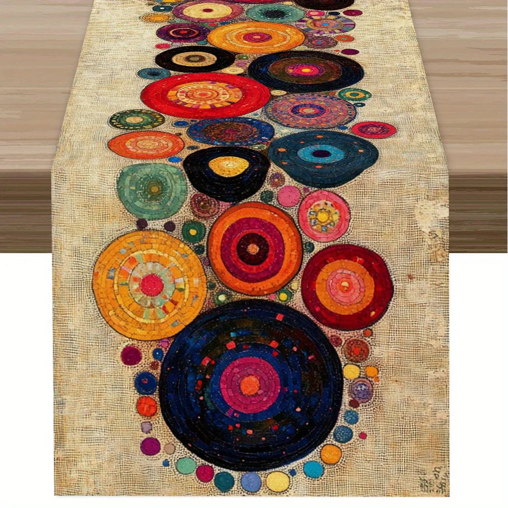 A bohemian polka dot table runner featuring a vertical pattern of colorful circular dots in shades of orange, red, blue, and 