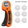 Orange rotary knife tool with a black handle and six replacement blades.
