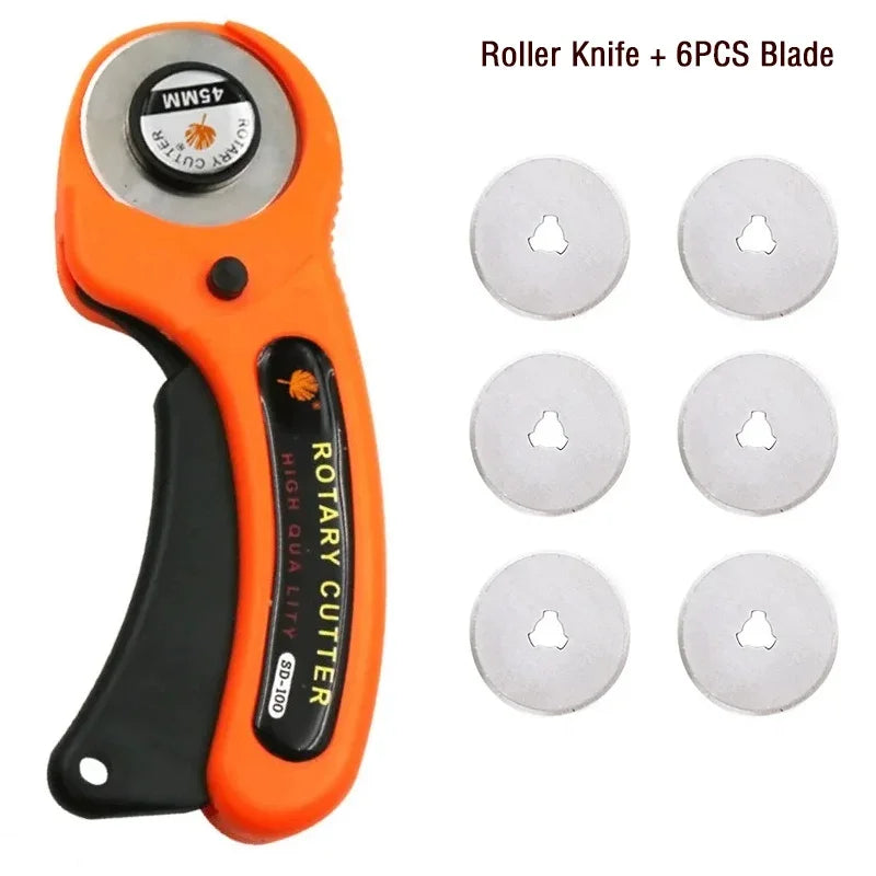 Orange rotary knife tool with a black handle and six replacement blades.
