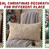 A set of three textured corduroy throw pillow covers in red, cream, and dark green are displayed for Christmas decoration.