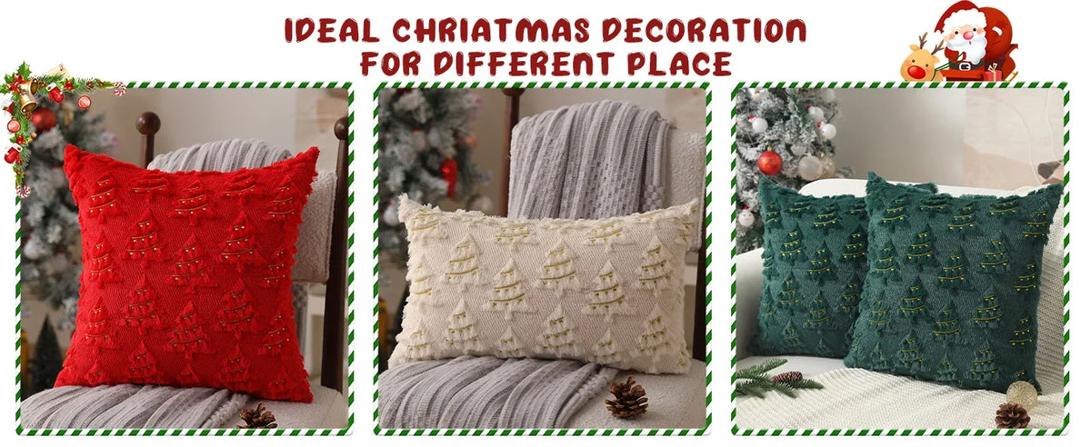 A set of three textured corduroy throw pillow covers in red, cream, and dark green are displayed for Christmas decoration.