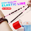 A hand is shown holding a string of colorful elastic beads, with a spool of red and blue colored cord nearby.