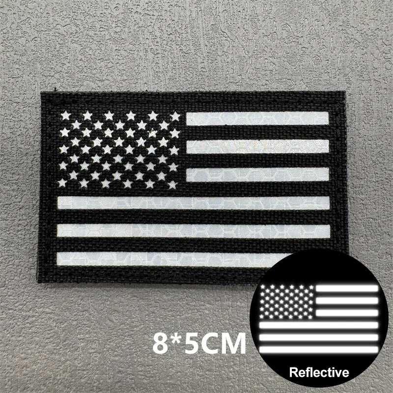 Tactical reflective USA flag patch with hook and loop backing