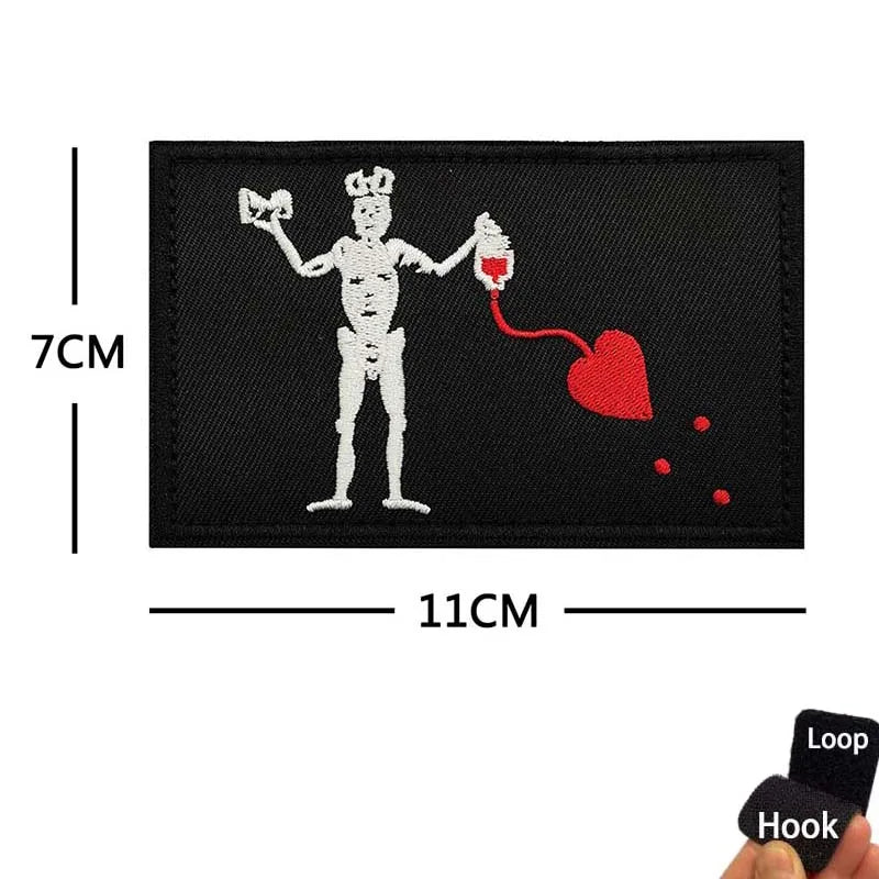 Blackbeard skull pirate flag embroidered patch with hook and loop backing