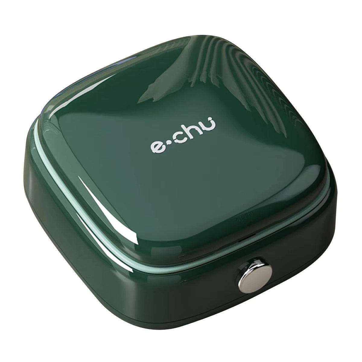 A dark green magnetic sewing kit with a smooth, rounded casing and the brand name e.chu visible on the top.