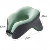 A light green memory foam U-shaped travel neck pillow shown from the side with dimensions labeled.