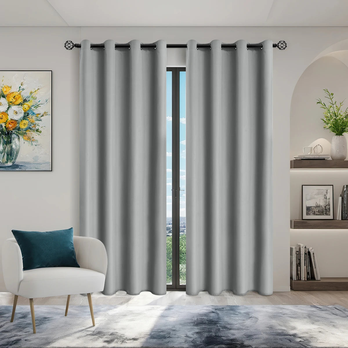Gray blackout curtains hanging in a doorway with a window view and a potted plant on a shelf