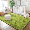 A bright green shag rug in a modern style placed on a wooden floor in a well-lit room.