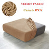 A tan velvet fabric sofa seat cover displayed on a gray cushion.
