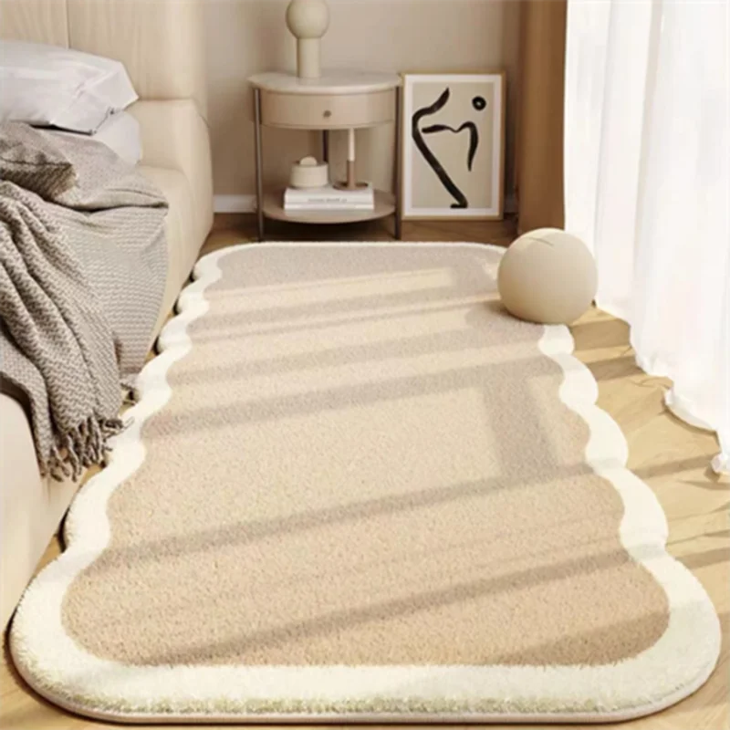 A beige seasonal decor rug with striped shadows lies on a light wood floor next to a sofa and a side table.