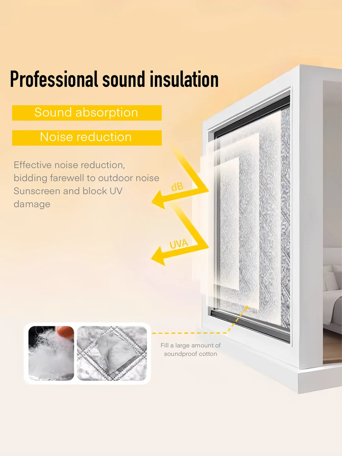 A white window frame with a clear panel showing sound insulation material for noise reduction and UV blocking.
