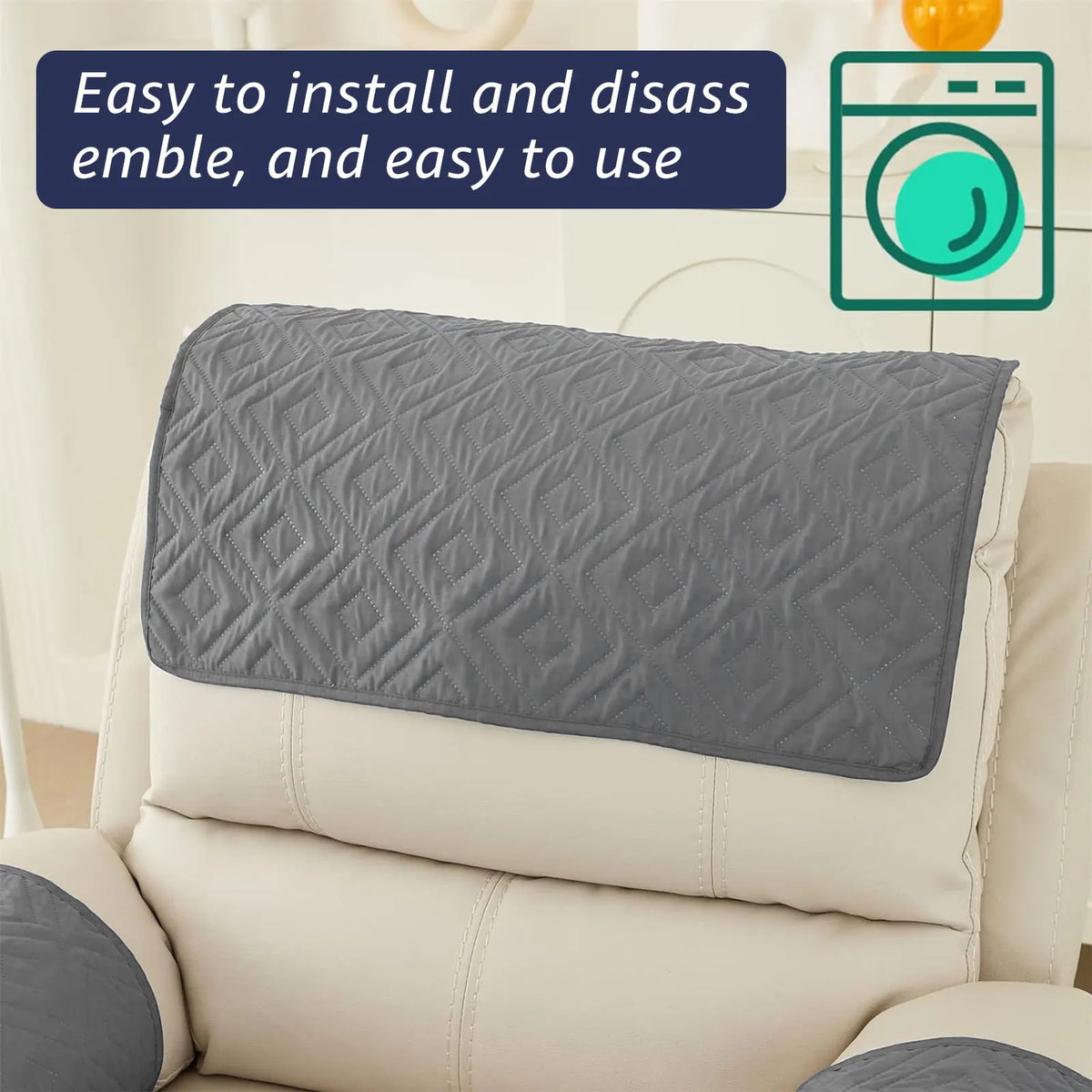 Gray waterproof recliner headrest protector covers shown on a chair cushion.