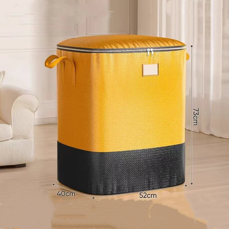 A yellow and black heavy duty waterproof storage bag standing on a wooden floor.