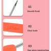 A set of three crochet hooks shown with labels detailing a smooth hook, clear scale, and one-piece construction.