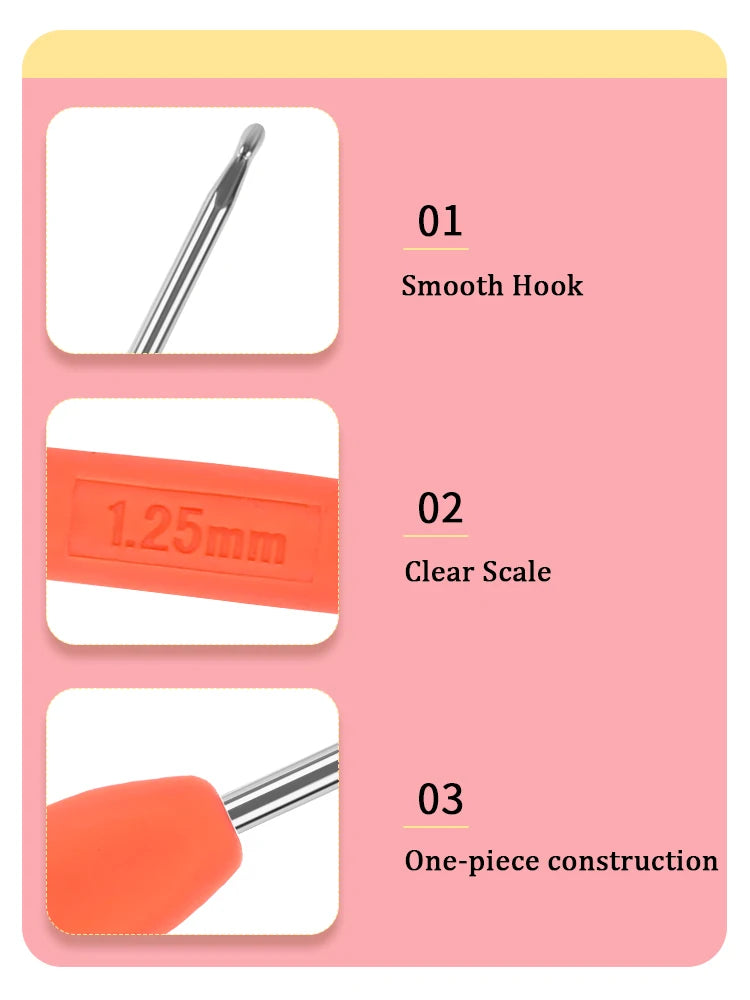 A set of three crochet hooks shown with labels detailing a smooth hook, clear scale, and one-piece construction.