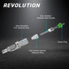 A set of medical stainless steel needles and a green plug with a silicone rebound ring for tattoo cartridges.