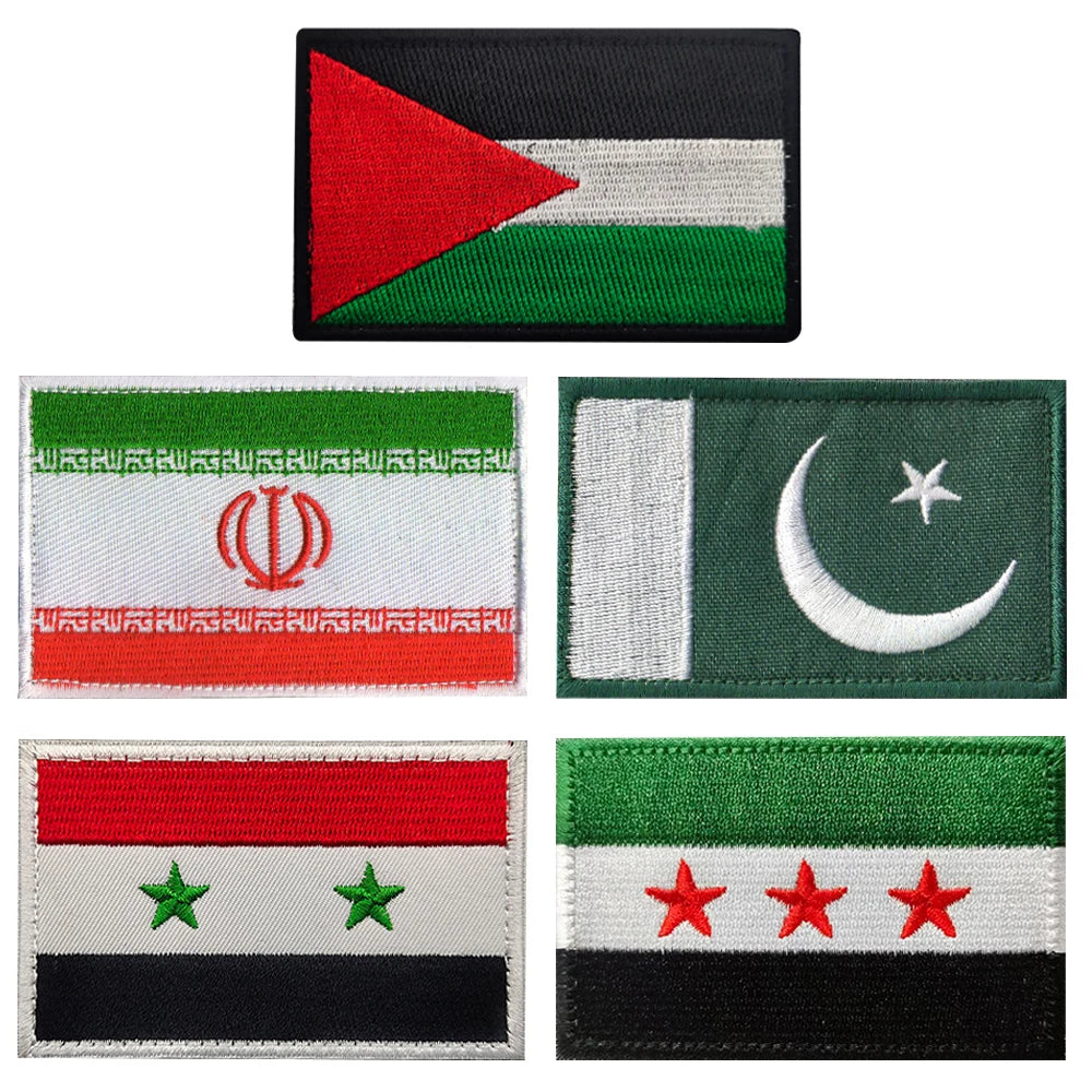 Tactical embroidered patch featuring the Palestinian flag design with red, black, and white stripes and a green triangle.