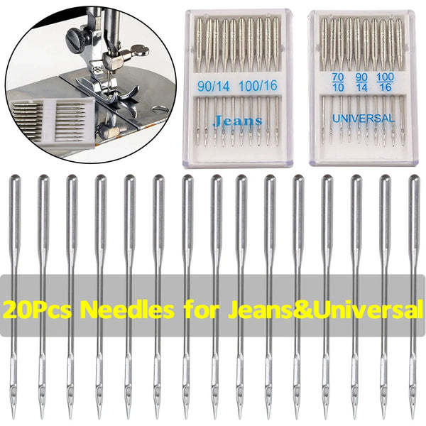 A set of stainless steel sewing machine needles for jeans and universal fabric, shown alongside a magnification tool.