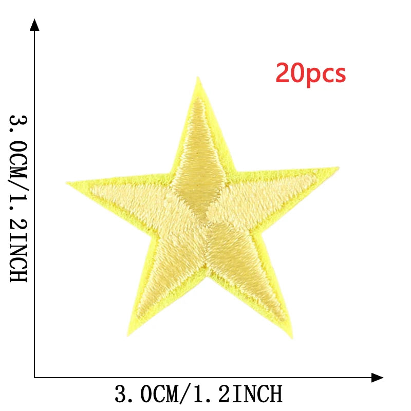 A yellow five-pointed star embroidery patch is shown against a measurement scale.