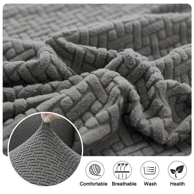 Close-up of a gray jacquard knit sofa cushion cover showing the textured weave and features like comfort, breathability, and 