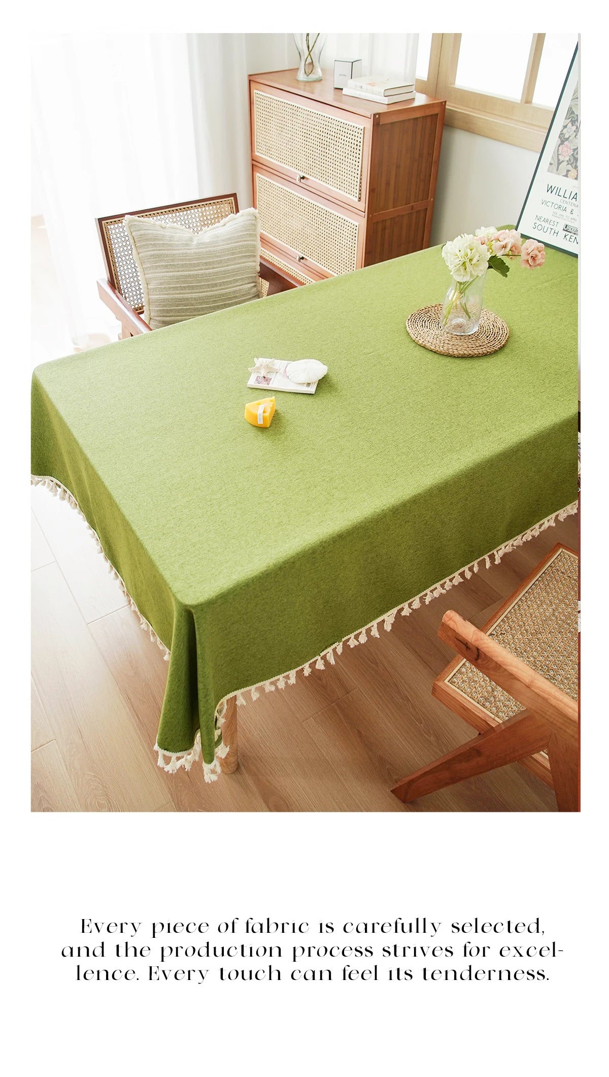 A lime green textured cotton tassel table runner displayed on a wooden table with a floral centerpiece.