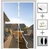 A magnetic screen door curtain is shown alongside a stack of white fabric and a white tie.