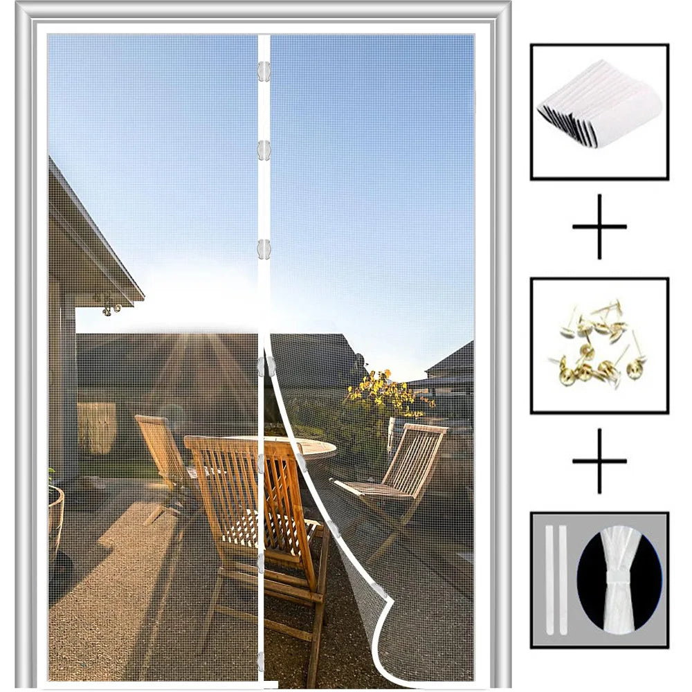 A magnetic screen door curtain is shown alongside a stack of white fabric and a white tie.