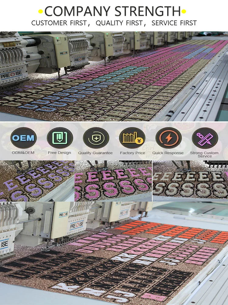 A long conveyor belt displays numerous iron-on embroidered sorority patches in various colors and designs.