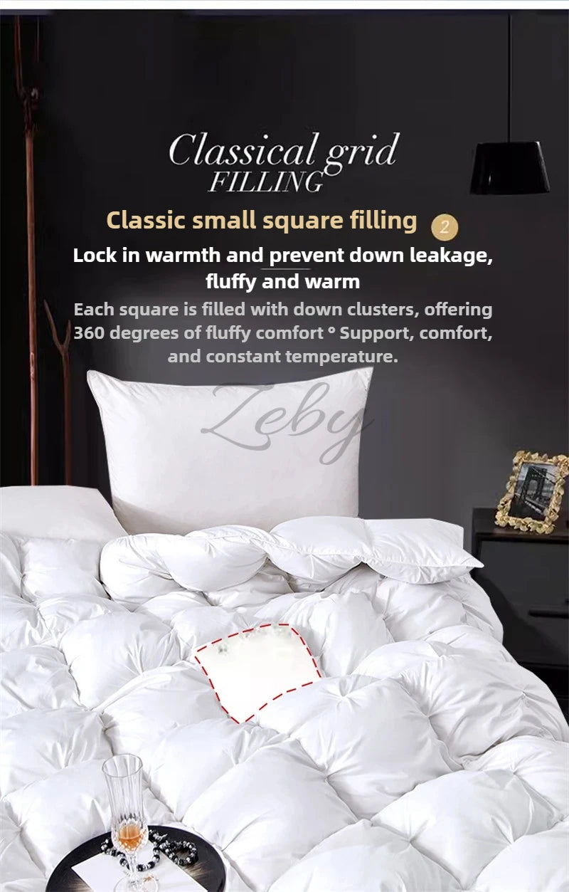 White goose down filling pillow and duvet with a grid pattern for winter warmth