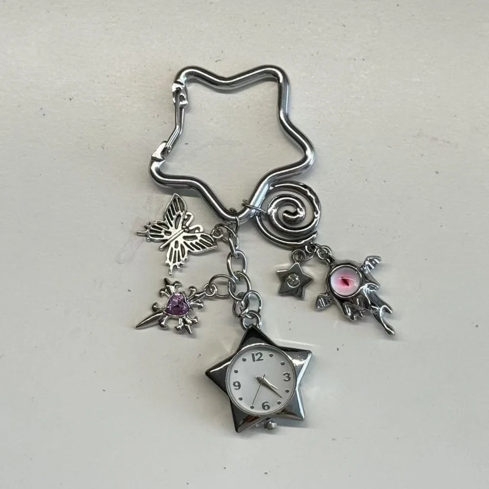 Silver star-shaped pocket watch keychain featuring an adjustable clock and a butterfly charm.
