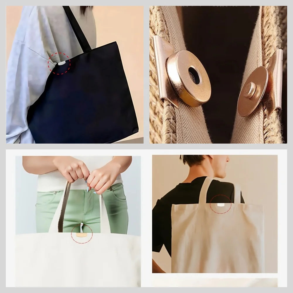Close-up shots of seamless magnetic button clasps used to fasten bags and clothing items.