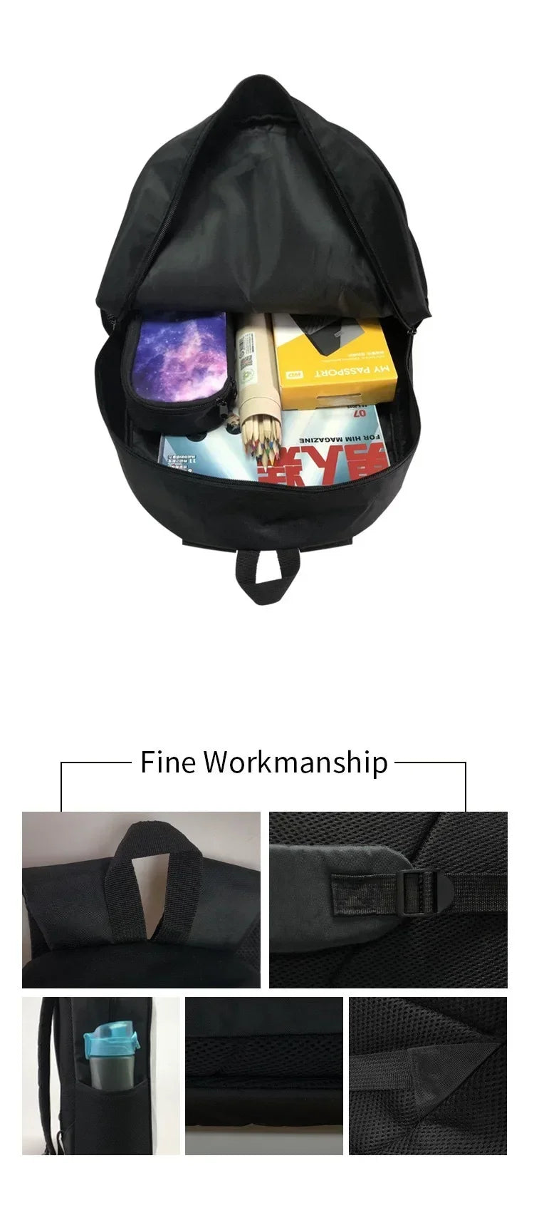 Black durable student backpack showing interior organization with various items like a passport and magazine.