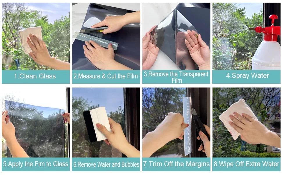 Step-by-step guide showing how to clean, measure, apply, and trim a one way mirror window film.