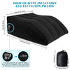 Black inflatable leg elevation pillow showing its dimensions and valve mechanism.