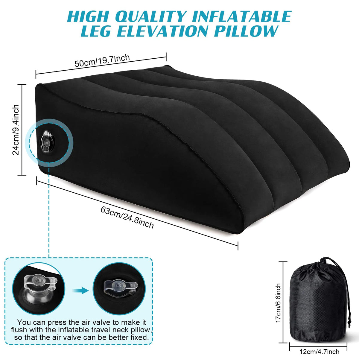 Black inflatable leg elevation pillow showing its dimensions and valve mechanism.