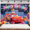 A cartoon racing birthday party backdrop featuring a red race car and gold trophy surrounded by colorful gifts.